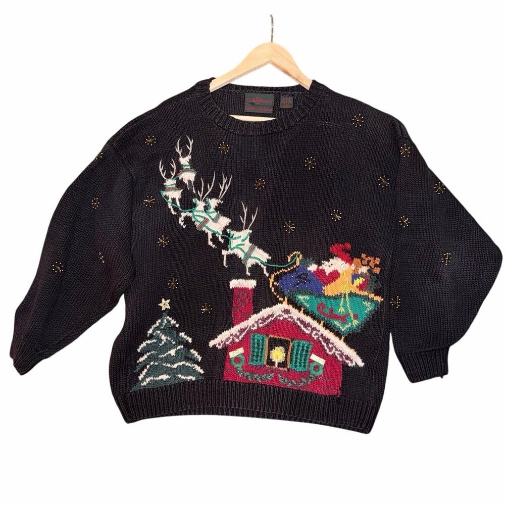 Vintage Croft & barrow knitted by hand Christmas Santa sweater large cotton rami